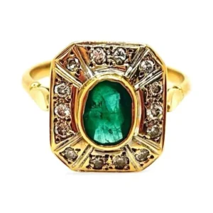 Пръстен от жълто злато с изумруд 1 ct и диаманти 0,15 ct