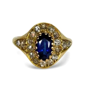 Старинен пръстен от жълто злато със сапфир 1,3 ct и диаманти 0,50 ct