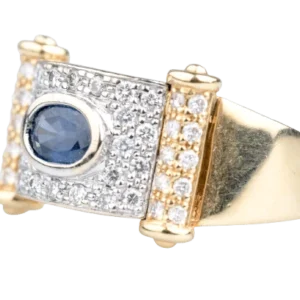 Пръстен от жълто злато, инкрустиран със сапфир и диаманти 0.59 ct – геометричен дизайн Art Deco