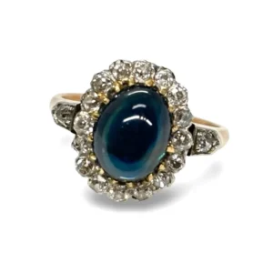 Старинен пръстен от розово злато със сапфир кабошон 3,5 ct и диаманти 0,60 ct