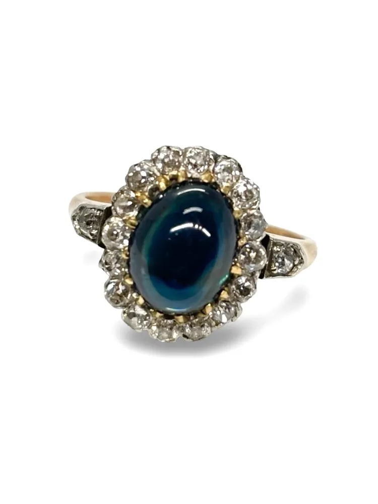 Старинен пръстен от розово злато със сапфир кабошон 3,5 ct и диаманти 0,60 ct