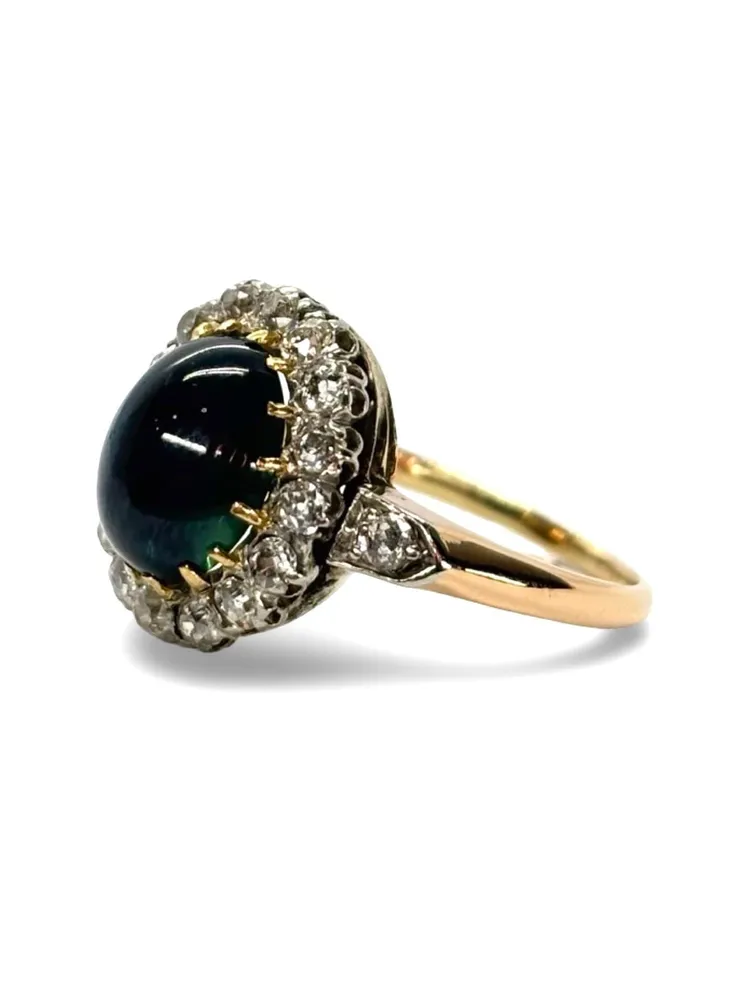 Старинен пръстен от розово злато със сапфир кабошон 3,5 ct и диаманти 0,60 ct