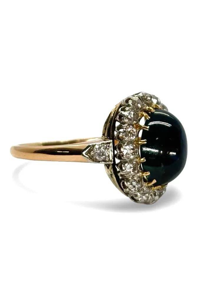 Старинен пръстен от розово злато със сапфир кабошон 3,5 ct и диаманти 0,60 ct