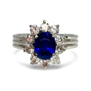 Пръстен Маргаритка от бяло злато със сапфир 2 ct и диаманти 0,90 ct