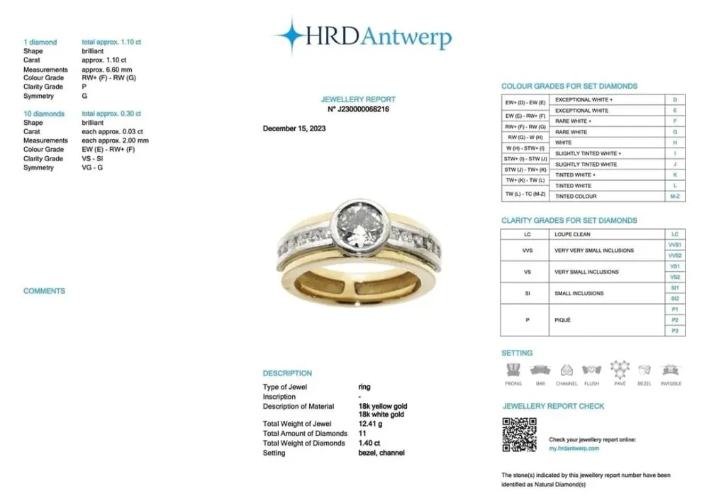 Пръстен от жълто злато и бял диамант 1.40ct HRD сертификат