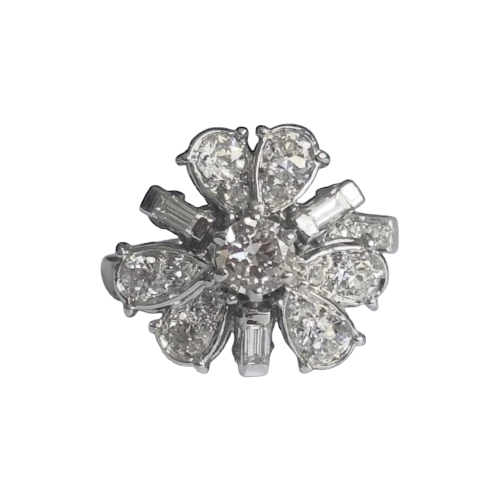 Пръстен цвете от бяло злато 18 карата и Платина, диаманти 1,60 ct, размер 50