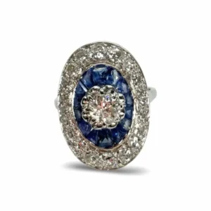 Старинен пръстен от бяло злато със сапфири и диаманти 1,6 ct
