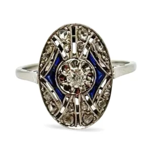 Старинен пръстен от бяло злато 18K със сапфири и диаманти 0,25 ct