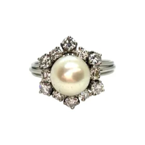 Пръстен от 18K бяло злато с естествена перла и диаманти 0,90 ct