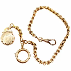Антична верижка за часовник от 18k розово злато с издълбана висулка (около 1900 г.)