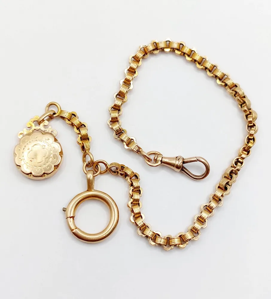 Антична верижка за часовник от 18k розово злато с издълбана висулка (около 1900 г.)