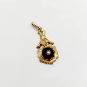 Викториански медальон цвете от жълто злато 18k, оникс и перла (около 1900 г.)