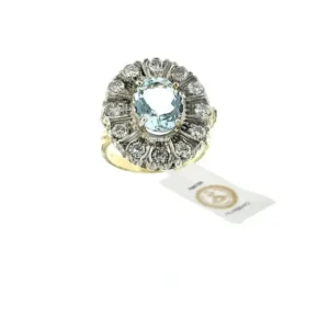 Пръстен от жълто злато и Сребро , аквамарин 2.25ct диаманти IGI сертификат