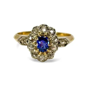 Пръстен от жълто злато със сапфир 0,5 ct и диаманти 0,5 ct