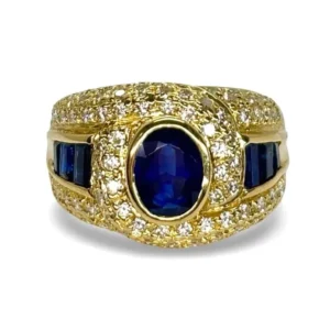 Пръстен от жълто злато със сапфир 2,5 ct и диаманти 1 ct