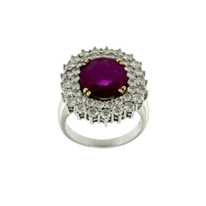 Коктейлен пръстен от бяло злато, диаманти и рубини 3.40cts IGI сертификат