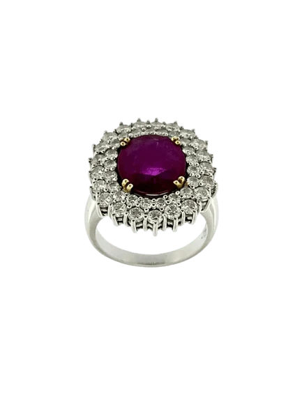 Коктейлен пръстен от бяло злато, диаманти и рубини 3.40cts IGI сертификат