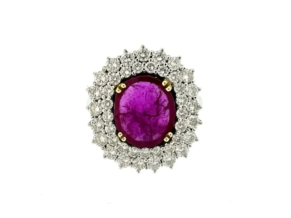 Коктейлен пръстен от бяло злато, диаманти и рубини 3.40cts IGI сертификат