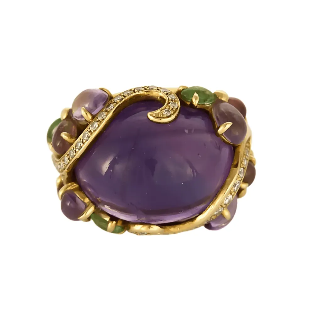 Важен пръстен от жълто злато, диаманти, аметисти, турмалини и перидоти
