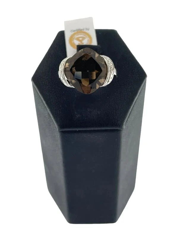 Коктейлен пръстен от бяло злато, диаманти и опушен кварц 7.50ct IGI сертификат