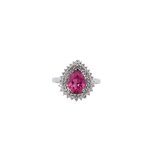 Пръстен от бяло злато 18 К с розова турмалин и диаманти