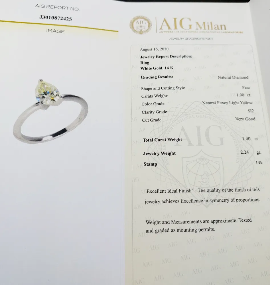 Пръстен Солитер бяло злато и луксозен светложълт диамант, сертификат AIG