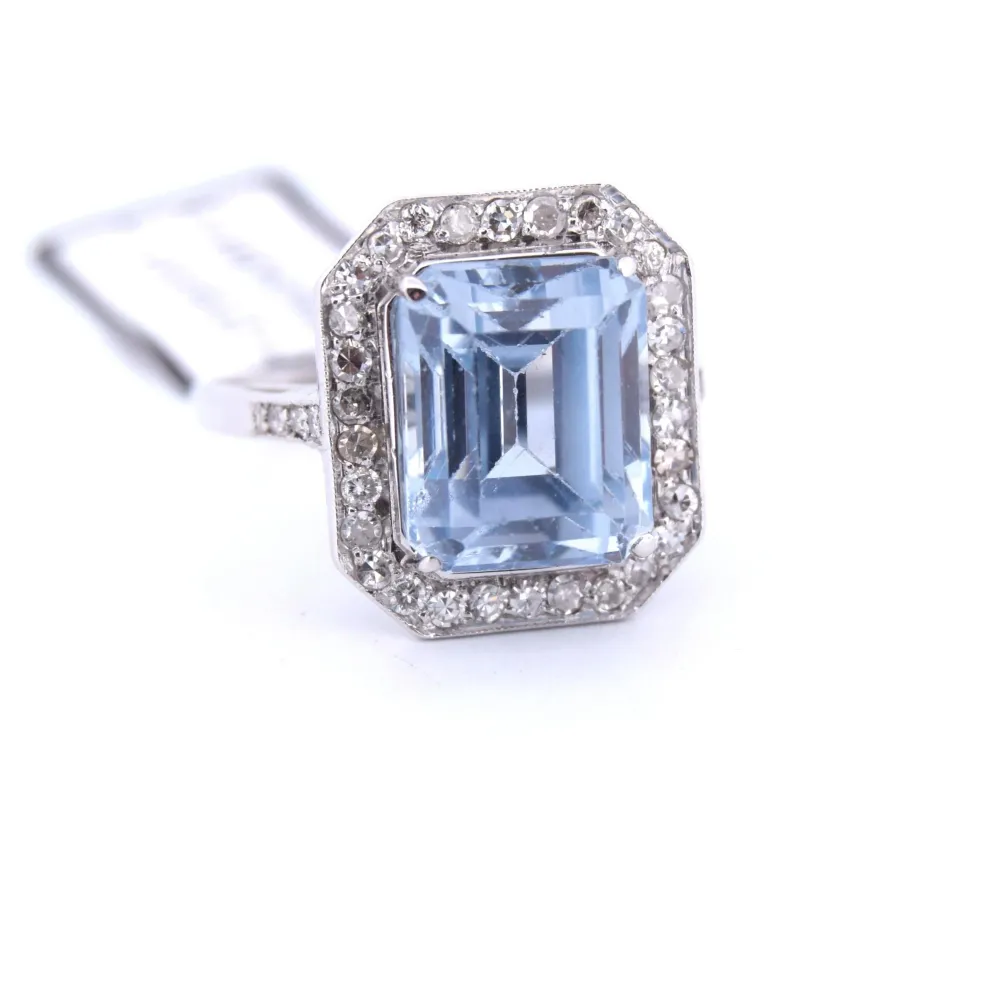 ANELLO GOLD BIANCO 18 KT - ACQUAMARINA E DIAMANTI - ART DECO'