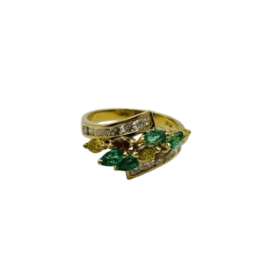Anillo de oro amarillo con esmeraldas y diamondes fancy