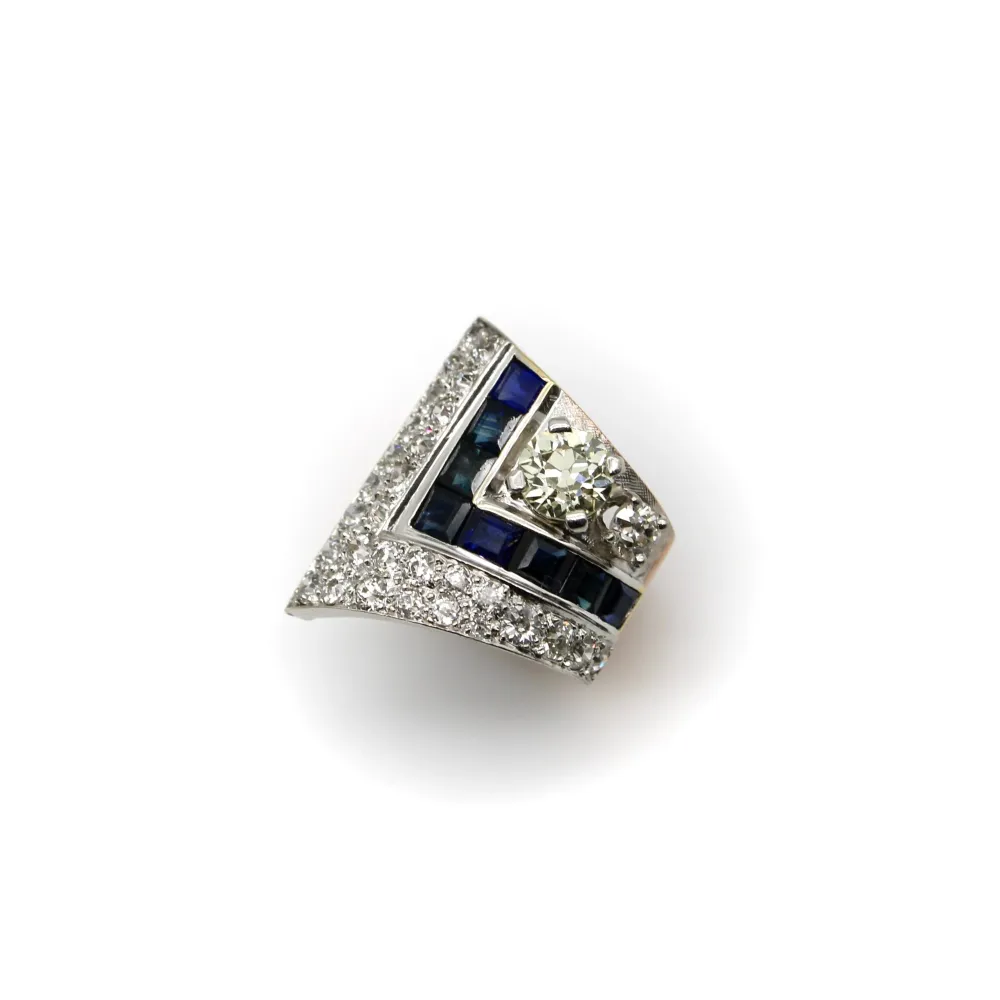 Пръстен Art Deco от Платина и розово злато 14k, диаманти и сапфири