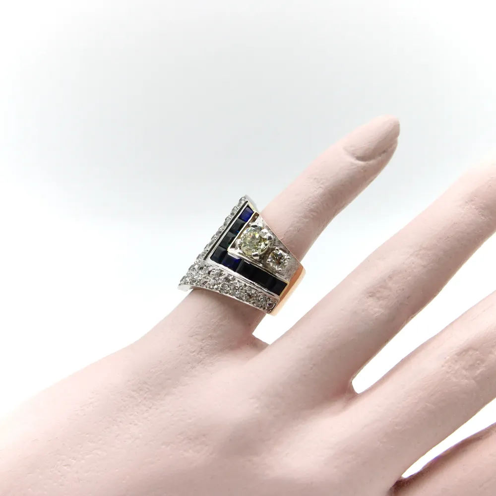 Пръстен Art Deco от Платина и розово злато 14k, диаманти и сапфири