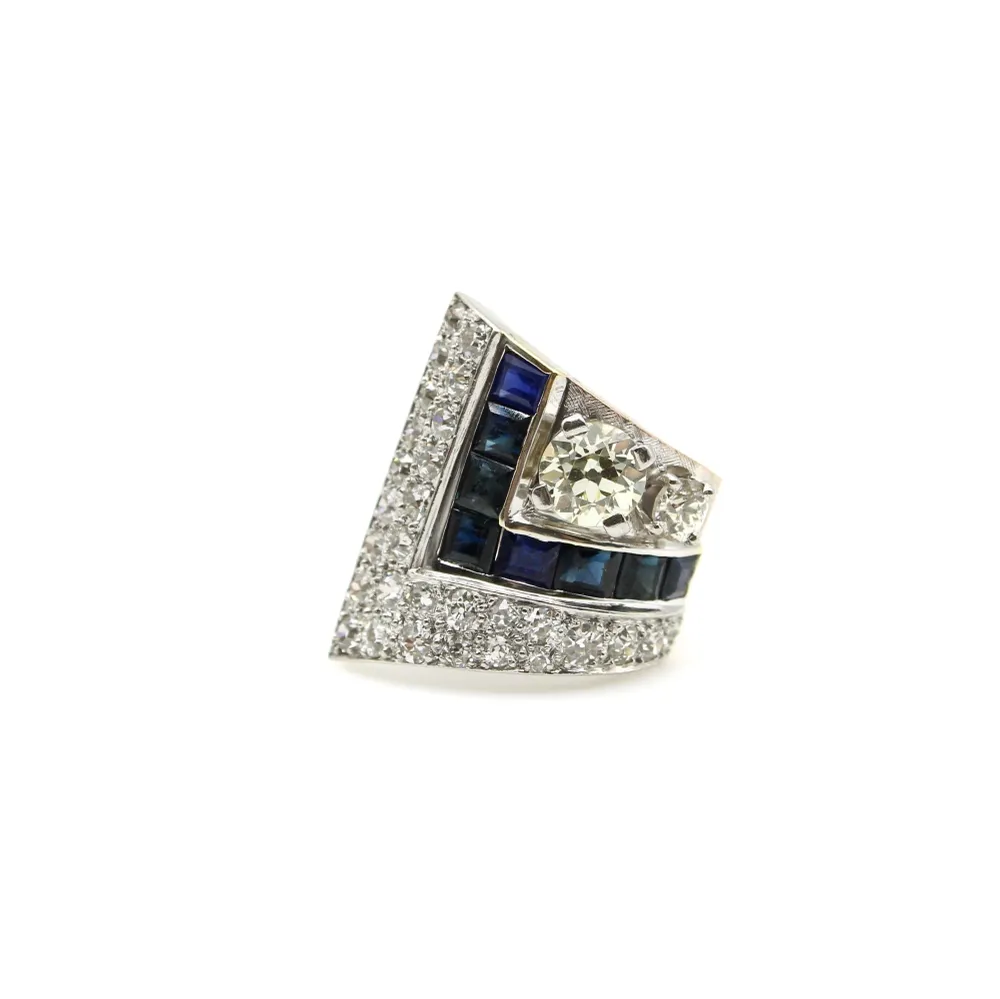 Пръстен Art Deco от Платина и розово злато 14k, диаманти и сапфири