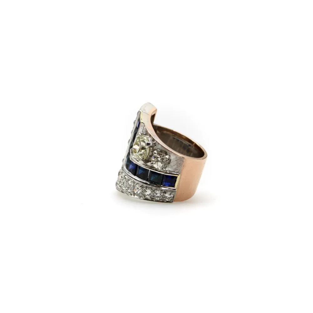 Пръстен Art Deco от Платина и розово злато 14k, диаманти и сапфири