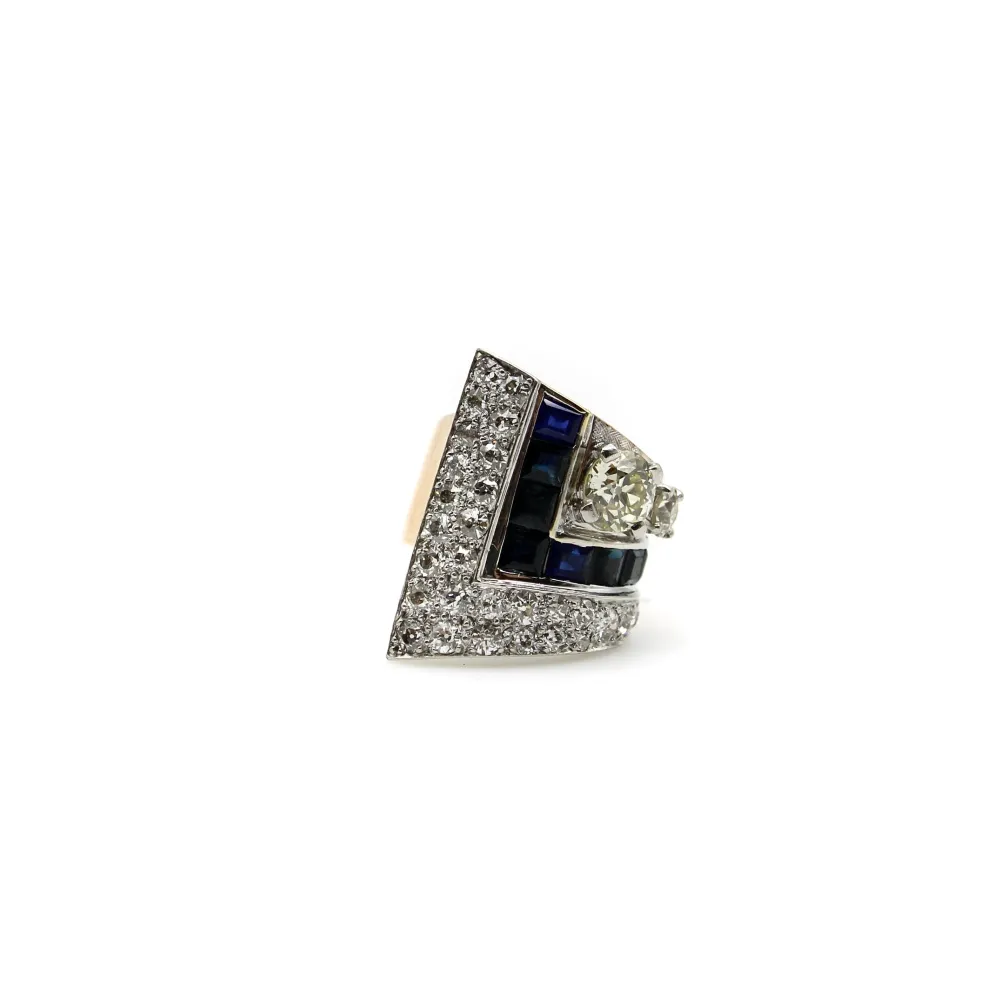 Пръстен Art Deco от Платина и розово злато 14k, диаманти и сапфири