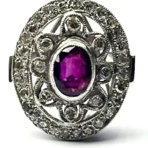 Клъстерен пръстен от платина Art Deco с рубин и диаманти, 1,52 ct