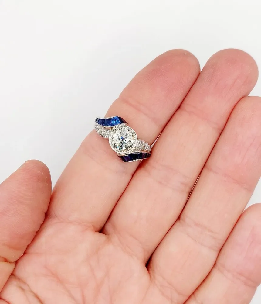 Пръстен Art Deco - Диамант със старинен шлиф 1,60 ct в 18k бяло злато