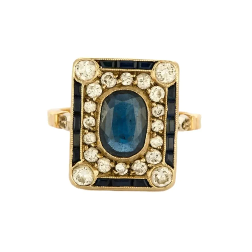Пръстен Art Deco от 18K жълто злато с диаманти и сапфири