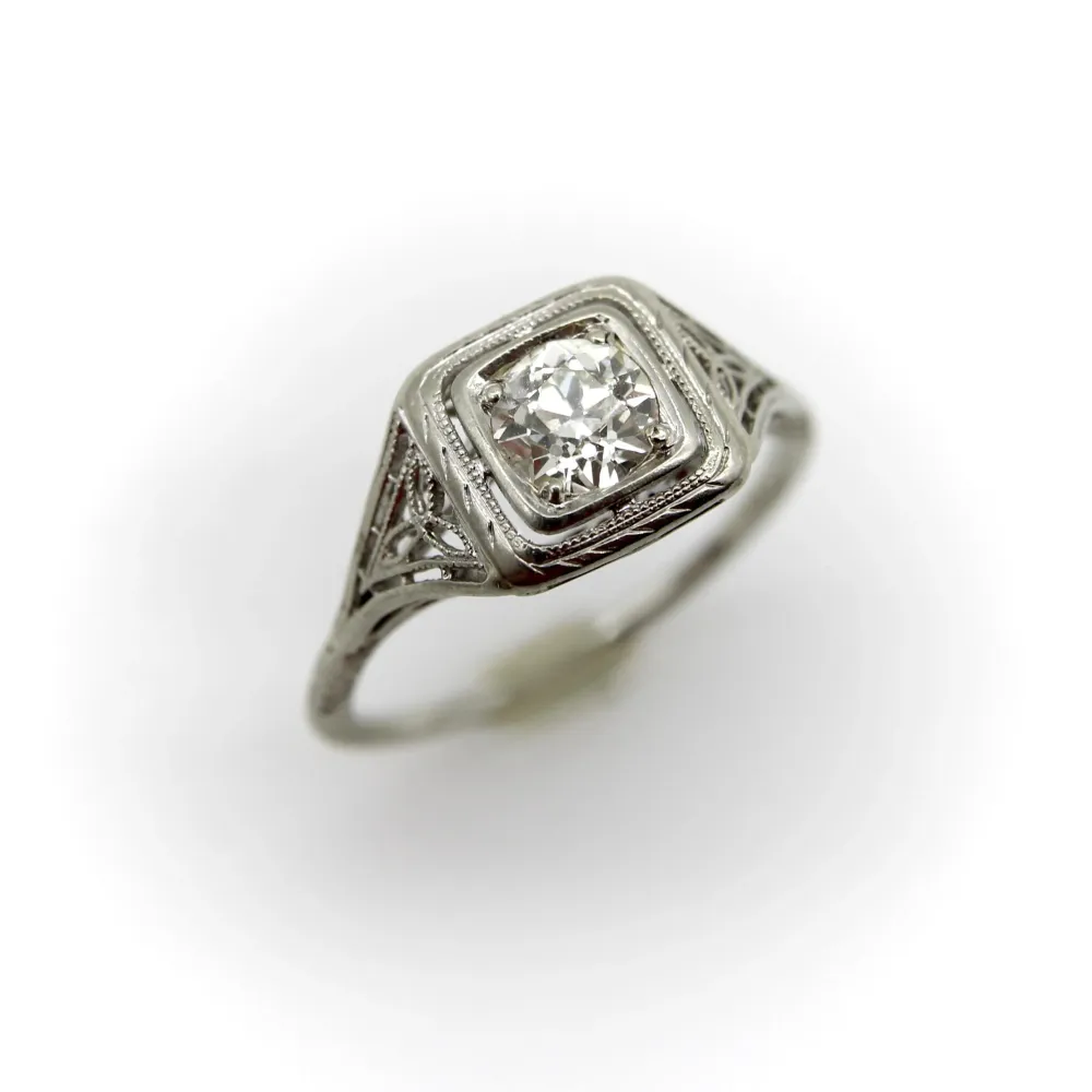 Art Deco - Годежен пръстен от бяло злато 18k и диамант