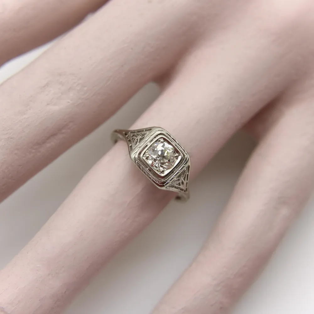 Art Deco - Годежен пръстен от бяло злато 18k и диамант