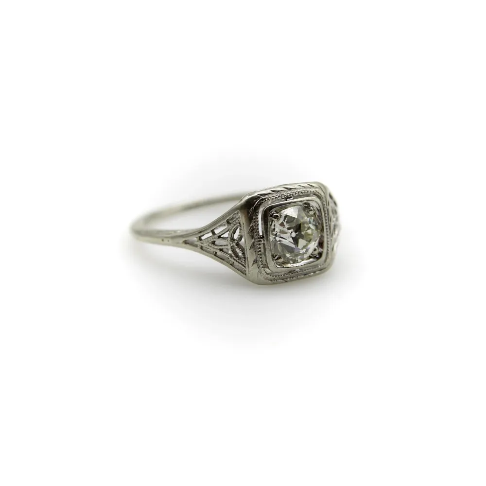 Art Deco - Годежен пръстен от бяло злато 18k и диамант