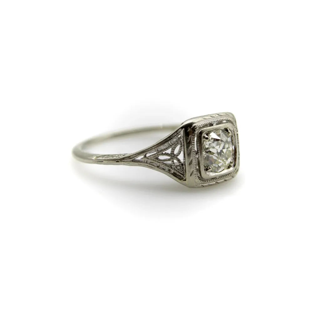 Art Deco - Годежен пръстен от бяло злато 18k и диамант