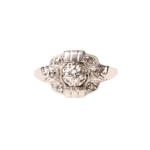 Art Deco - Октагонален пръстен от 18K бяло злато, Платина и диаманти