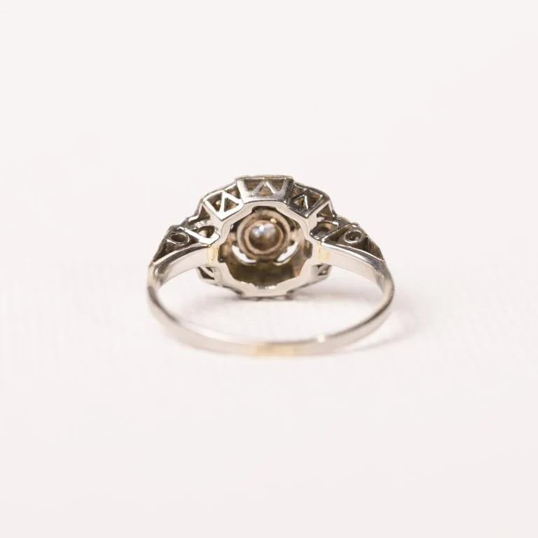 Art Deco - Октагонален пръстен от 18K бяло злато, Платина и диаманти