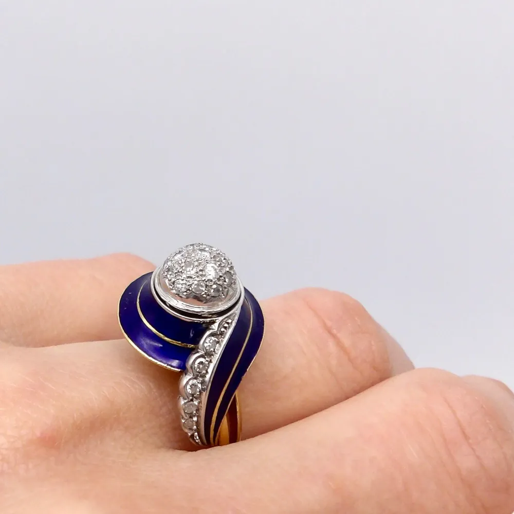 Art Deco - Пръстен от бяло и жълто злато 18K, син емайл и диаманти
