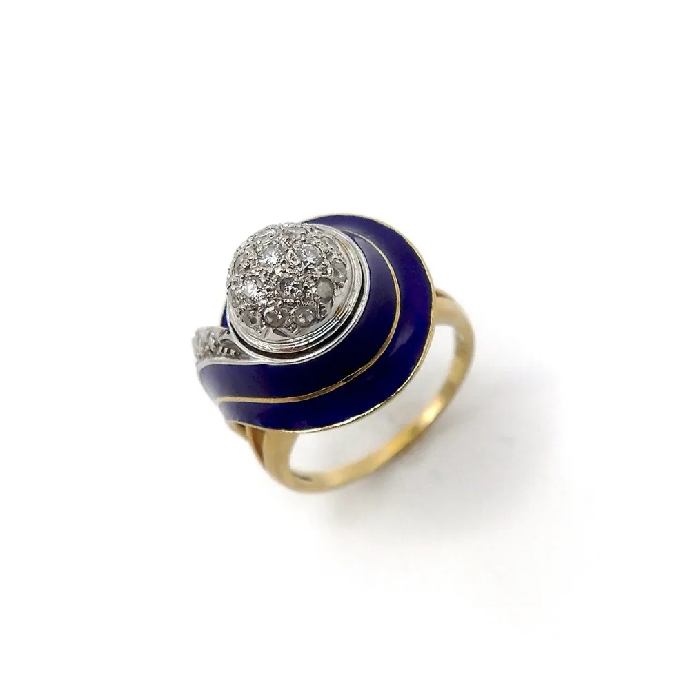 Art Deco - Пръстен от бяло и жълто злато 18K, син емайл и диаманти