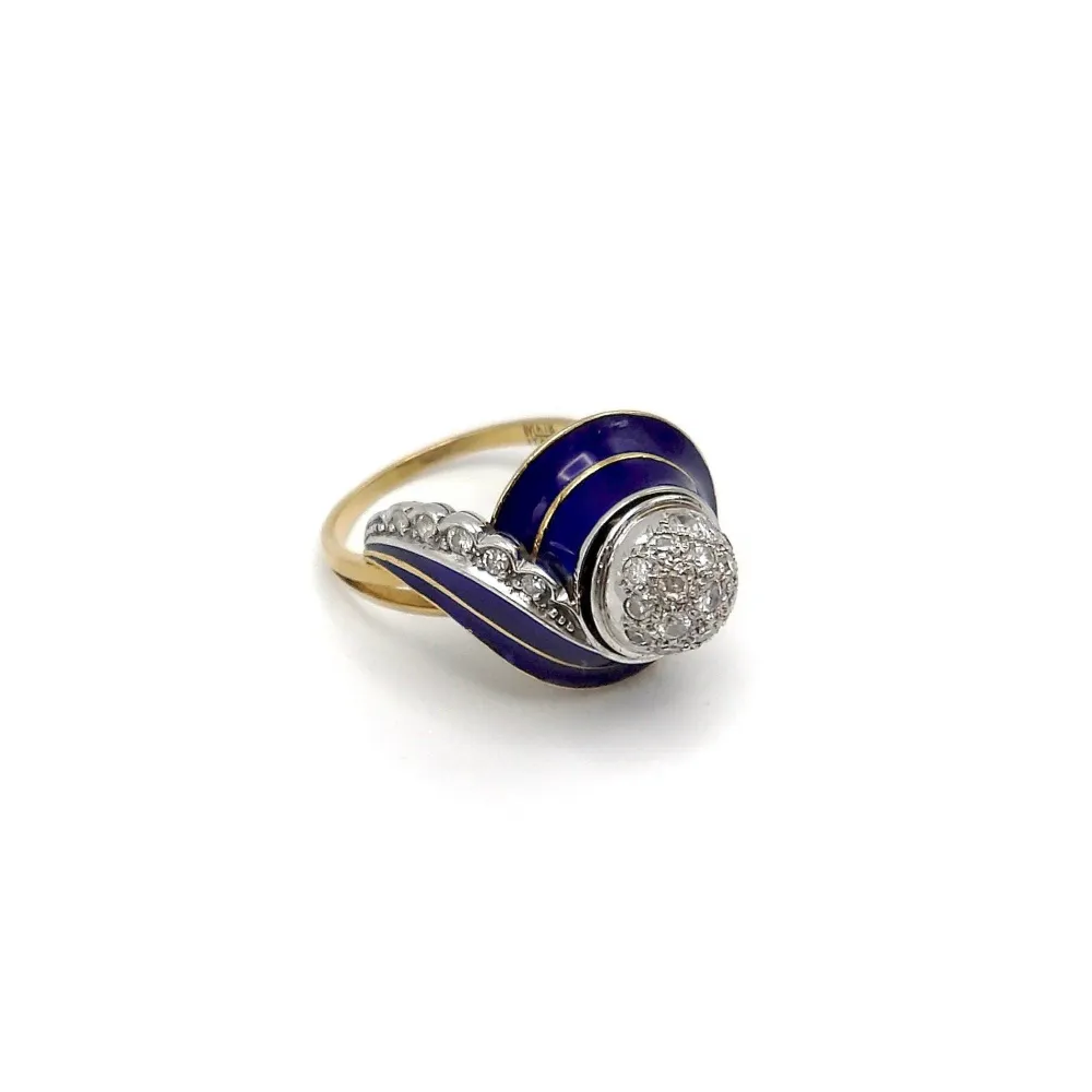 Art Deco - Пръстен от бяло и жълто злато 18K, син емайл и диаманти