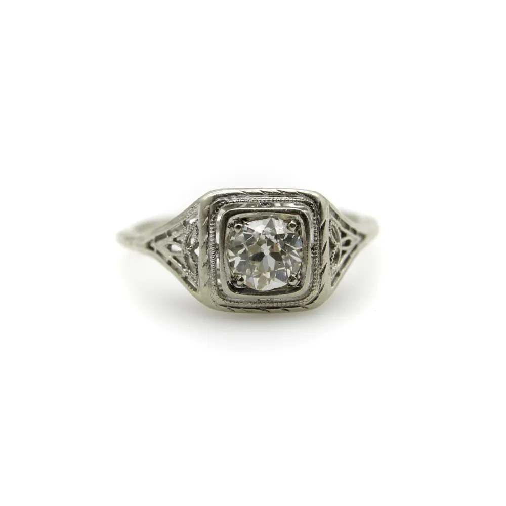 Art Deco - Годежен пръстен от бяло злато 18k и диамант
