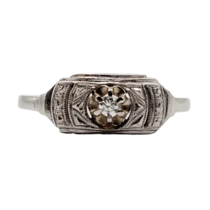 Пръстен Art Deco бяло злато, диамант и геометрична основа (около 1920 г.)