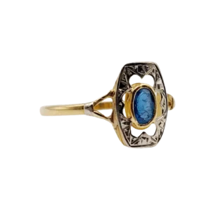 Пръстен Art Deco златна геометрична основа и син камък (около 1930 г.)