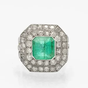 Пръстен Печатен пръстен Art Deco с изумруд 2.00 ct и диаманти от бяло злато