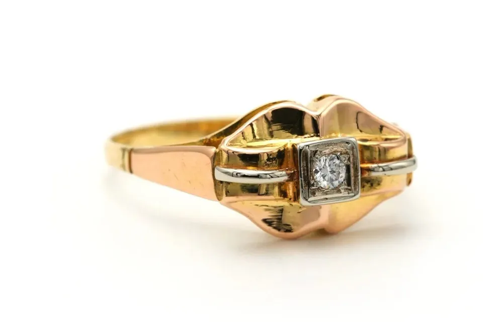 Пръстен Art Deco от жълто и бяло злато 18 карата и диамант с брилянтова шлифовка